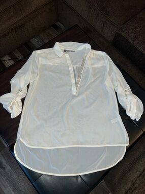 Jennifer Lopez Ivory Sheer Blouse with Gold Stud Trim